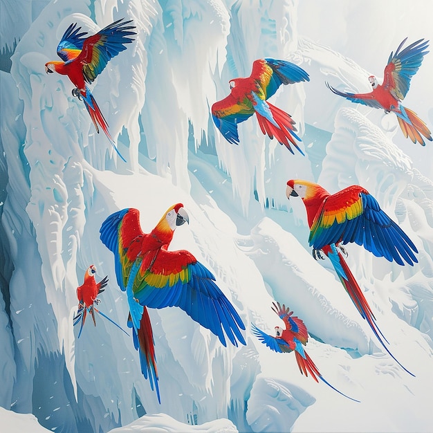 Parrots flying near a snowcapped mountain range