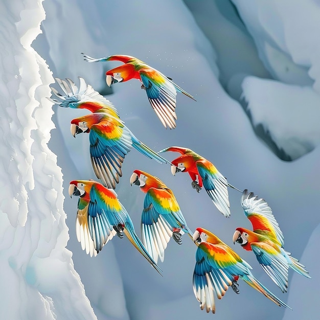 Photo parrots flying near a snowcapped mountain range