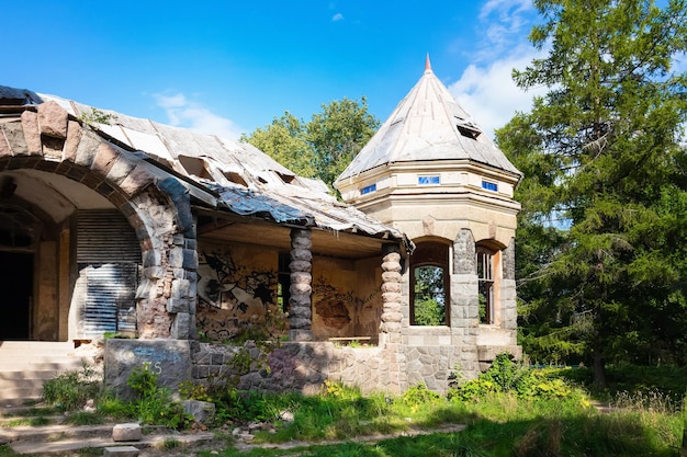 Part of abandoned estate of merchants Eliseevs among green trees and walking people on footpath