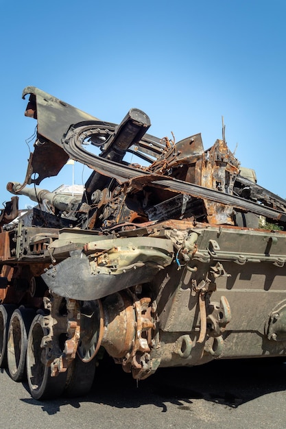 Part of the burnt down equipment of the Russian army during the war in Ukraine