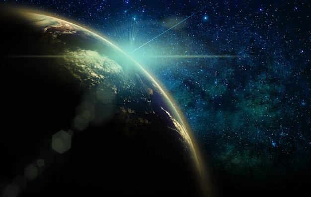 Part of earth with sun rise and lens flare over the Milky Way background Internet Network concept