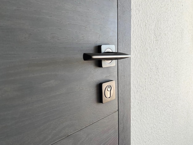 A part of the gray oak wooden door with a metal lock and handle