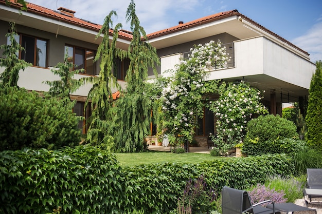 Part of the house against the sky overlooking the garden and well-kept territory