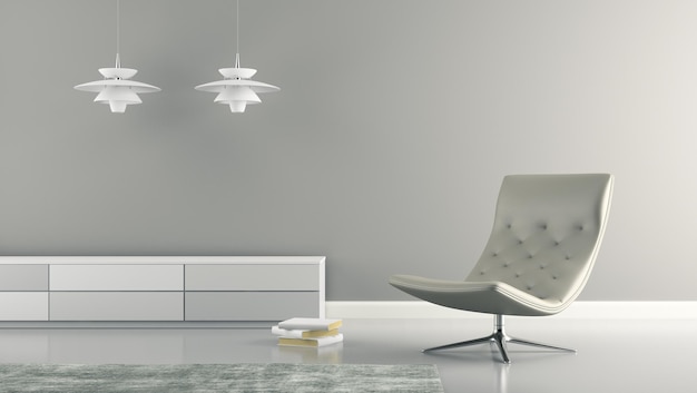 Part of interior with white lamps and armchair 3D rendering