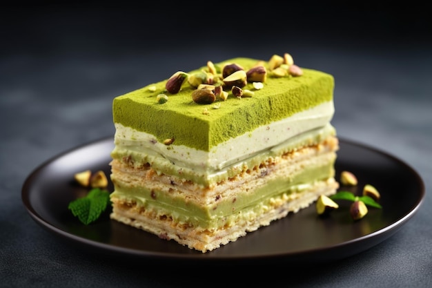 Part of the matcha sponge cake with pistachio and vanilla layers