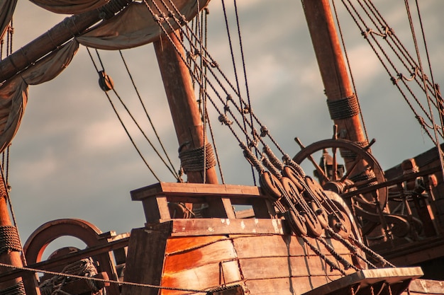 Photo part of an old pirate ship close-up.