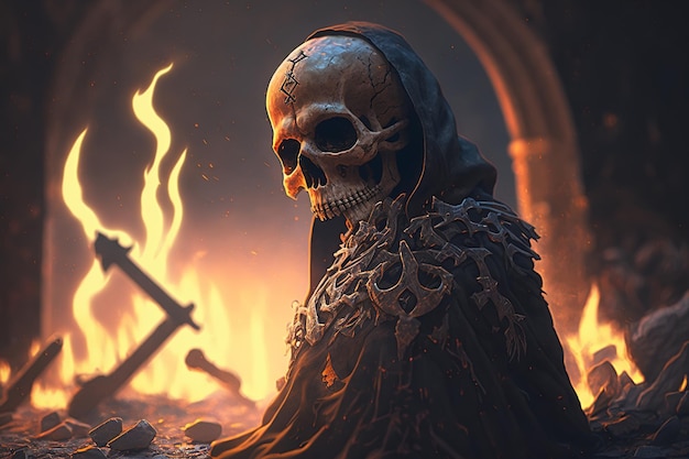 Part of a skeleton with skull on floor against background of fire indoors Dark fantasy gothic generative ai illustration