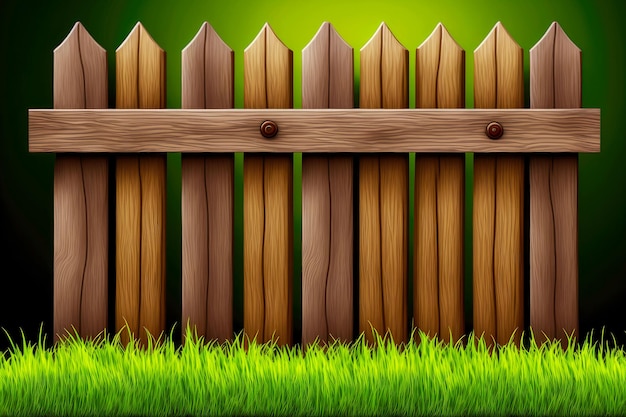 Part of wooden picket fence surrounded by green grass on gray background