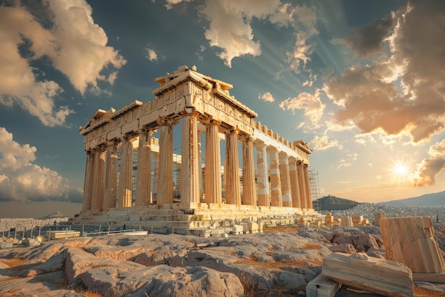 The Parthenon glowing in the setting sun with Athens sprawling below