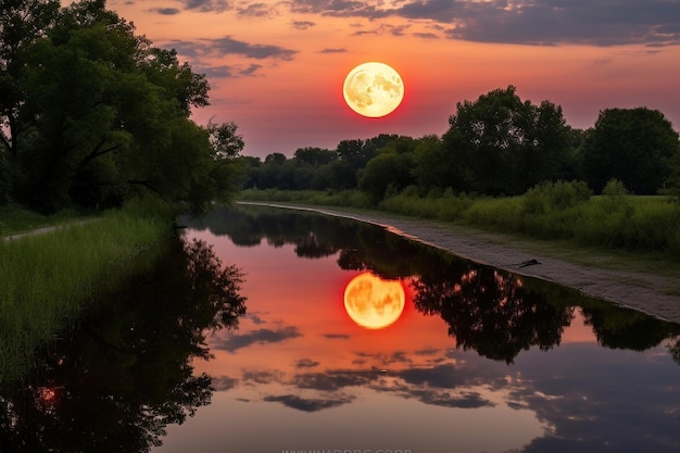 Partial Lunar Eclipse with Reflections on a River