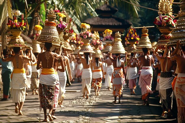 Photo participants dressed in traditional attire carry ornately decorated offerings on their heads