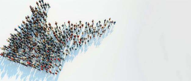 Participants form an arrow pointing right on a white surface viewed from a high angle representing direction collaboration and alignment