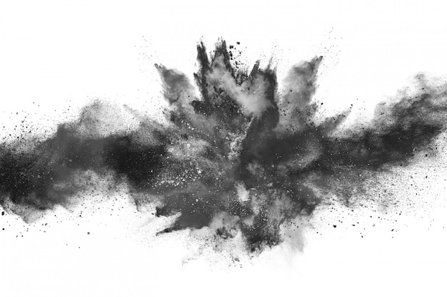 particles of charcoal color powder explosion on white background