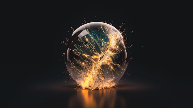 Particles colliding with fire and explosions inside a glass orb Generative AI