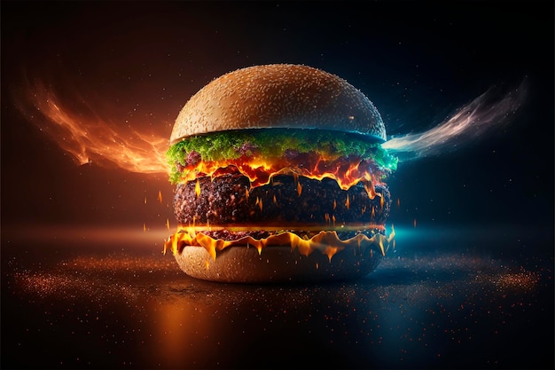 Particles falling on top of delicious beef burger with explosion