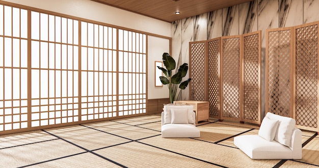 Photo partition japanese on room tropical interior with tatami mat floor and ganite tiles wall