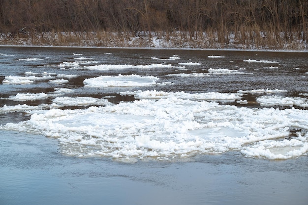 Parts of ice on river Big river covering in ice floating on the surface