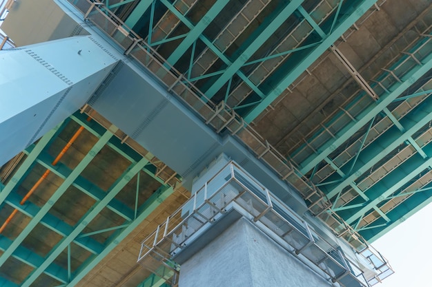 Photo parts of a modern metal bridge in closeup against a blue sky background metal structures connected by large bolts and nuts to a reinforced concrete base railway or automobile bridge