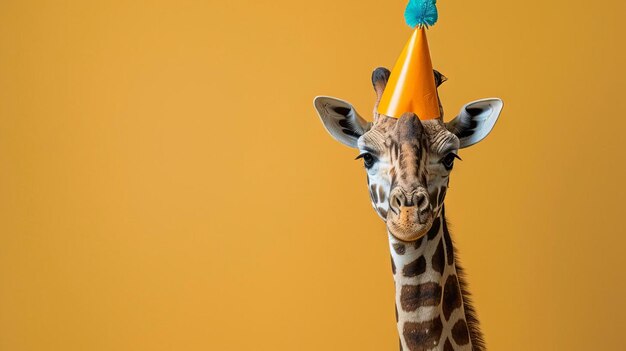 Photo party animal giraffe in a bright hat clear space for text