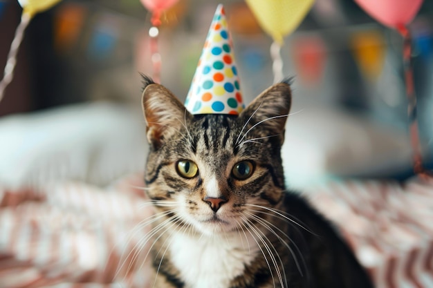 Party animal A striped cat sports a vibrant birthday hat embodying festive cheer