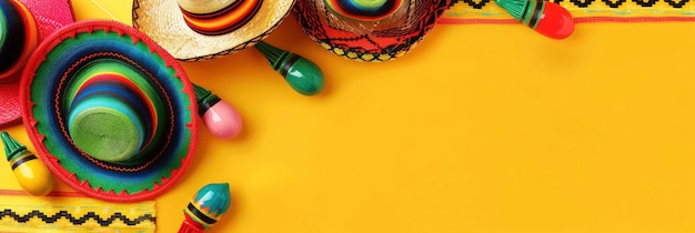 a party background shows a Mexican fiesta theme with maracas and sombrero hats on a yellow banner