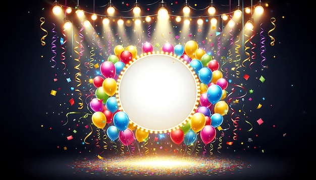 Party Background with Bright Lights Balloons and Confetti