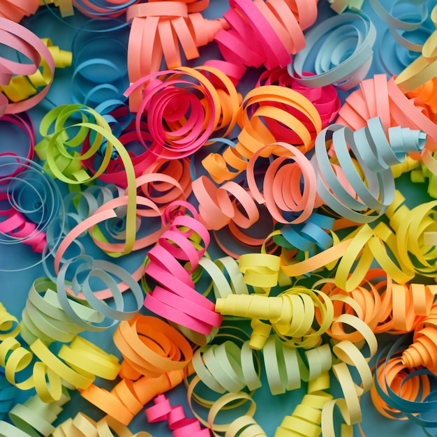 Party background with colorful streamers for celebrating birthday. space with scattered confetti.