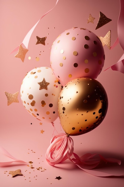 Party balloon pink background with little golden stars Illustrator AI Generative