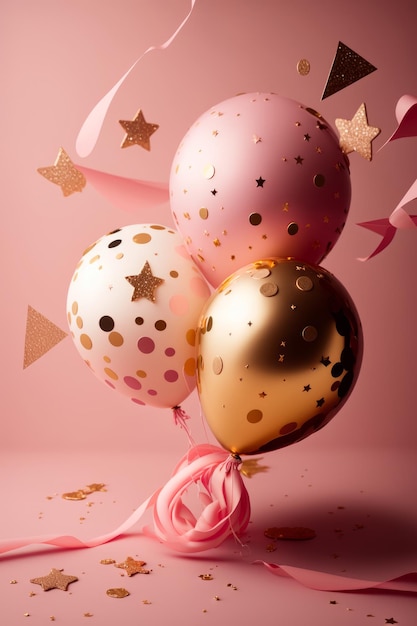 Party balloon pink background with little golden stars Illustrator AI Generative