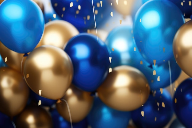 Party balloons Background golden and blue balloons background with confetti and bokeh backgrounds Ai generated