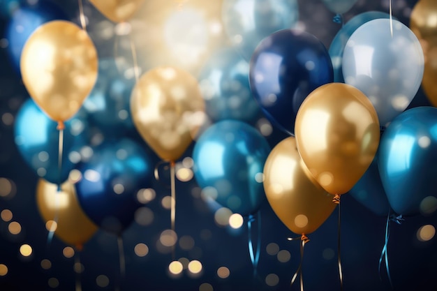 Party balloons Background golden and blue balloons background with confetti and bokeh backgrounds Ai generated