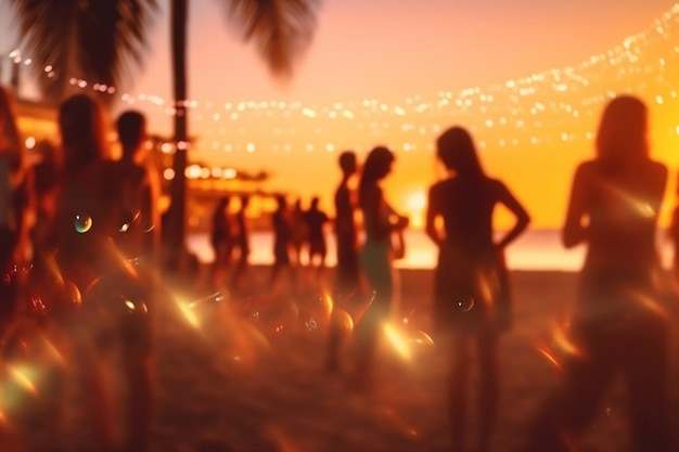 Party Beach Blurred People Having Night Beach Party Generative AI