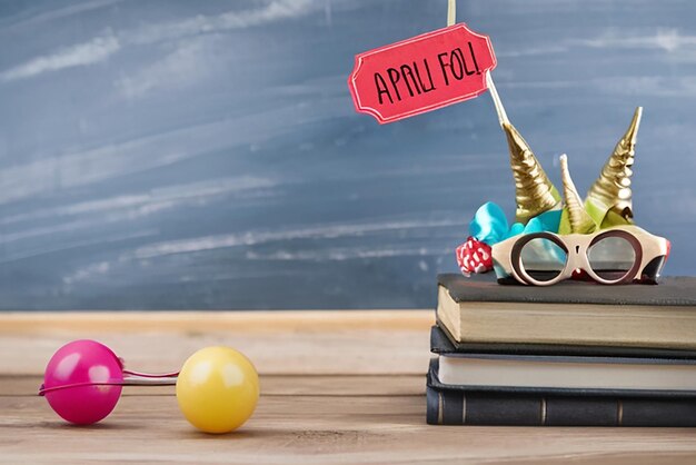 Photo party caps glasses and horns on table near chalkboard with phrase april fools day