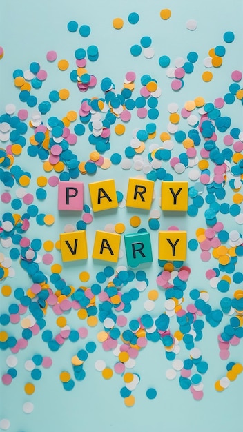 Party colorful confetti over pastel blue background Top view flat lay