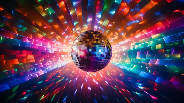 Party disco mirror ball reflecting colorful lightsParty disco ball with stars in nightclub with striped walls lit by spotlight nightlife entertainment industry