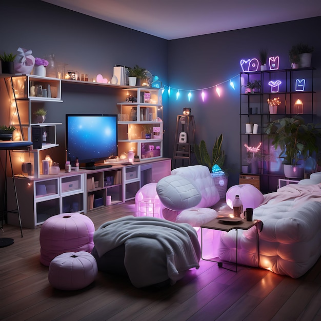 Photo party game unisex room with string lights and mood changing trending background room decorative