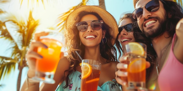 Party of happy young people with cocktails Friends having fun on the beach Generative AI