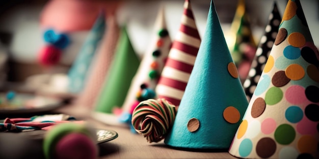 A party hat with a red and blue polka dot pattern sits on a table.