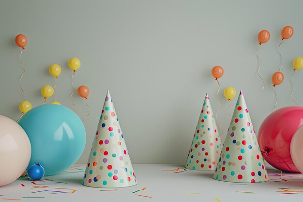 Photo party hats and balloons on table