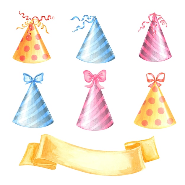 Party hats colorful bow ribbon banner yellow festive happy birthday collection watercolor