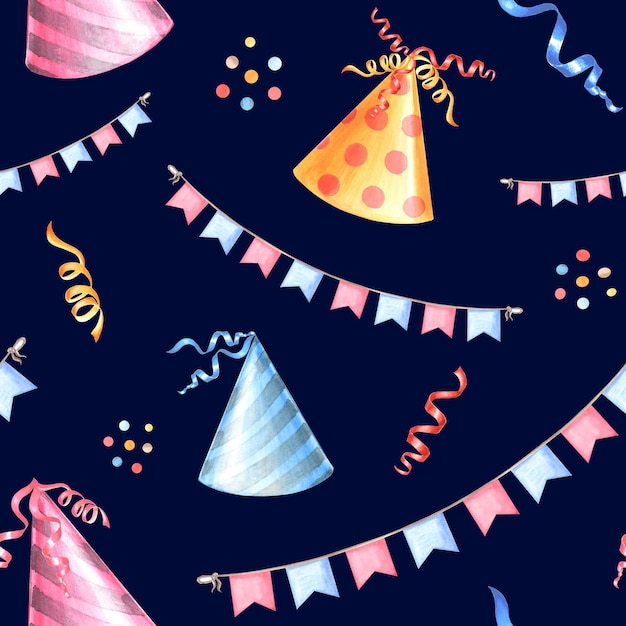 Party hats and garland of flags ribbons and confetti seamless pattern hand drawn watercolor