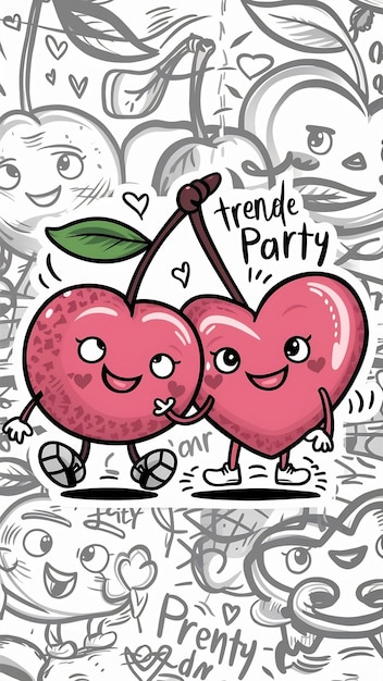 Party Invitation Card Template with funny comic cute characters and doodles cherry and heart in lo