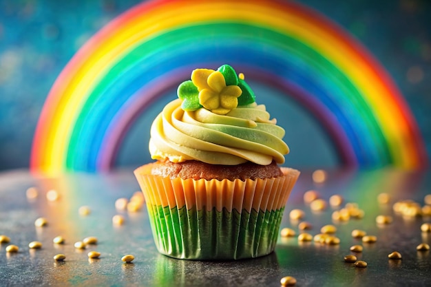 Photo party sugar closeup delicious chocolate dessert luck treat rainbow a close up view of a pot of gold cupcake at the end of a rainbow showing vibrant colors and golden decorations