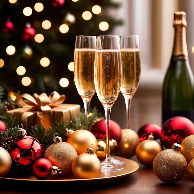 party table with champagne and christmas ornaments