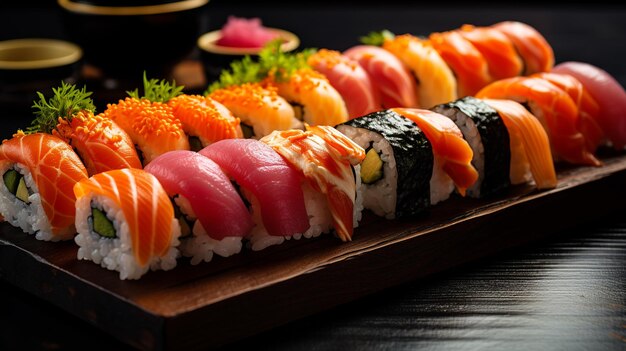 Party tray with sashimi sushi and maki rolls shallow focus