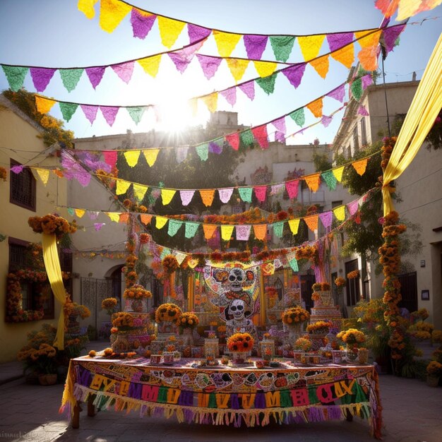 a party with a skull and flags hanging from it