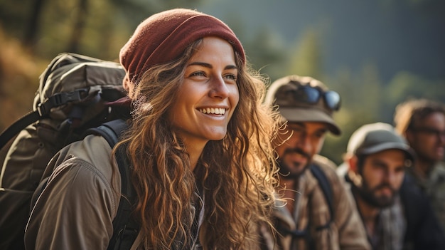 Photo a party of youthful hikers ascending a hill on the pacific crest trail weary yet still in conversation contemporary attire xaxa