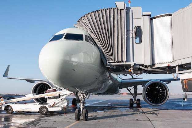 The passenger aircraft stands at the boarding bridge on an airport apron. Loading baggage on the airplane