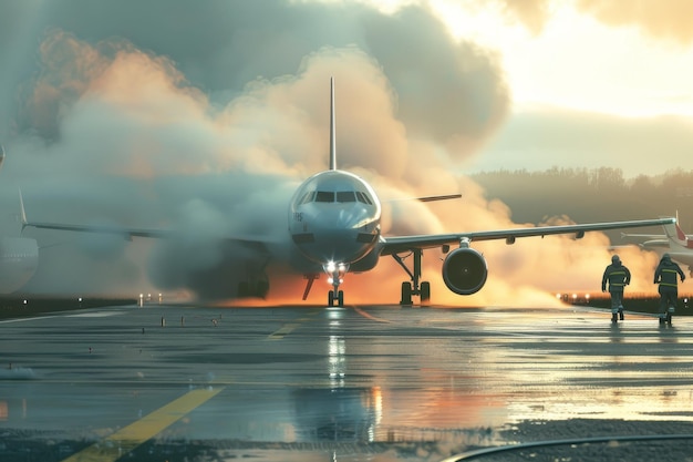 Photo a passenger airplane approaches with thick smoke billowing from the engine as firefighters stand ready on the runway framed by the dramatic evening light