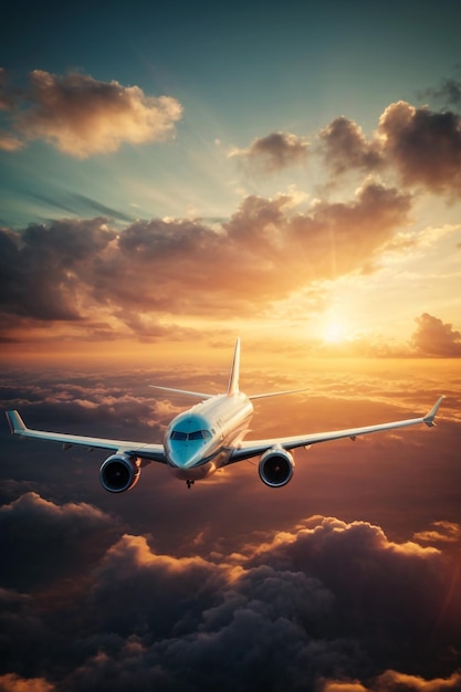 Passenger airplane flight approach in the clouds at sunset